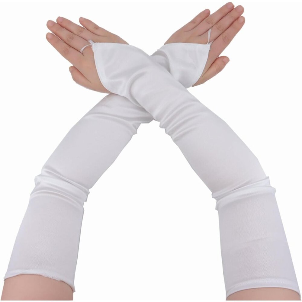 Women's White Stretchy Finger Loop Fingerless Satin Elbow Length Opera Gloves